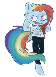 Size: 1667x2291 | Tagged: safe, artist:sinamuna, character:rainbow dash, species:anthro, species:pegasus, species:pony, alternate hairstyle, blue fur, clothing, female, folded wings, gotta go fast, hooves behind head, hooves up, leggings, multicolored hair, pants, pink eyes, rainbow colored mane, shirt, simple background, smug, solo, t-shirt, tail, undercut, white background, wings