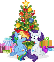 Size: 600x690 | Tagged: safe, artist:dianamur, character:rainbow dash, character:rarity, species:pony, ship:raridash, alternate hairstyle, christmas, christmas tree, female, holiday, lesbian, present, shipping, simple background, transparent background, tree