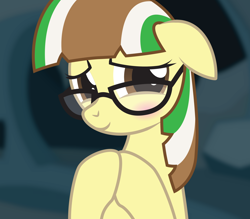 Size: 2836x2480 | Tagged: safe, artist:lightning stripe, derpibooru original, oc, oc:beetle beat, species:pony, blushing, brown, brown eyes, changeling hive, cute, eyelashes, glasses, green, ocbetes, show accurate, shy, smiling, solo, white, yellow, yellow coat