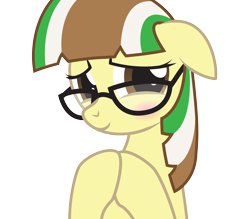 Size: 2836x2480 | Tagged: safe, artist:lightning stripe, derpibooru original, oc, oc:beetle beat, species:pony, blushing, brown, brown eyes, cute, eyelashes, glasses, green, ocbetes, show accurate, shy, simple background, smiling, solo, transparent background, white, yellow, yellow coat