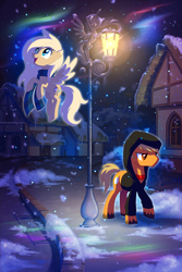 Size: 2000x3000 | Tagged: safe, artist:stasysolitude, oc, oc only, oc:mirta whoowlms, species:earth pony, species:pegasus, species:pony, aurora borealis, clothing, colored wings, colored wingtips, duo, female, flying, hoodie, lamppost, male, night, night sky, ponified, ponyville, scarf, sky, smiling, snow, snowfall, spread wings, stallion, streetlight, the master, unshorn fetlocks, wings, winter