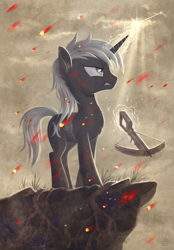 Size: 1395x2000 | Tagged: safe, artist:stasysolitude, oc, oc only, species:pony, species:unicorn, cliff, crossbow, fire
