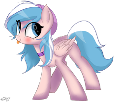 Size: 3000x2500 | Tagged: safe, artist:hydrargyrum, oc, oc only, oc:foxyhollows, species:pegasus, species:pony, blep, blushing, clothing, collar, female, hat, mare, silly, simple background, smiling, solo, standing, tongue out, transparent background