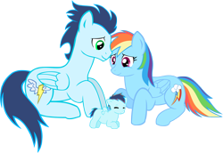 Size: 2726x1876 | Tagged: safe, artist:ludiculouspegasus, character:rainbow dash, character:soarin', oc, oc:sky dasher, parent:rainbow dash, parent:soarin', parents:soarindash, species:pegasus, species:pony, ship:soarindash, backwards cutie mark, colt, cute, dawwww, family, female, foal, male, mare, offspring, prone, shipping, simple background, smiling, soarinbetes, stallion, straight, transparent background