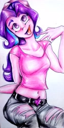 Size: 2563x5066 | Tagged: safe, artist:nolyanimeid, character:starlight glimmer, species:human, my little pony:equestria girls, belly button, belt, clothing, cute, female, glimmerbetes, midriff, open mouth, peace sign, raised eyebrow, ripped pants, shirt, short shirt, silly, simple background, sitting, smiling, solo, t-shirt, tongue out, torn clothes, traditional art, wat, white background