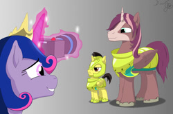 Size: 1097x728 | Tagged: safe, artist:cactuscowboydan, commissioner:bigonionbean, oc, oc:king speedy hooves, oc:queen galaxia, oc:tommy the human, species:alicorn, species:human, species:pony, alicorn oc, armor, camera, crown, cute, family, father and son, female, fusion, fusion:king speedy hooves, fusion:queen galaxia, glowing horn, helmet, herd, hoof shoes, human oc, husband and wife, jewelry, magic, male, mother and son, ponified, regalia, royal family, telekinesis