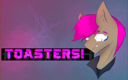 Size: 2144x1344 | Tagged: safe, artist:al1-ce, derpibooru original, oc, oc only, oc:sinraal, species:pony, abstract background, angry, clothing, fear, floating head, jacket, pink hair, solo, text, toaster, visor