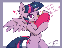 Size: 1936x1509 | Tagged: safe, artist:danli69, character:twilight sparkle, character:twilight sparkle (alicorn), species:alicorn, species:pony, chest fluff, female, heart, holiday, hug, pillow, pillow hug, solo, valentine's day