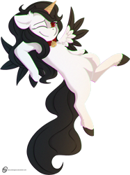 Size: 1024x1371 | Tagged: safe, artist:obscuredragone, oc, oc:princess sugar, species:alicorn, species:pony, a state of sugar, alicorn oc, asos, asos: ice cream, belly, black and white, black mane, choker, chromatic aberration, cover art, fluffy, food, grayscale, happy, hooves, horn, ice cream, ice cream cone, ice cream horn, monochrome, one eye closed, red eyes, smiling, solo, tail, wings, wink