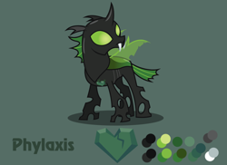 Size: 1100x800 | Tagged: safe, artist:lightning stripe, derpibooru original, oc, oc:phylaxis, species:changeling, black, changeling oc, fangs, green, green background, green changeling, green eyes, horn, male, reference sheet, show accurate, simple background, solo, wings