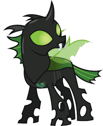 Size: 492x601 | Tagged: safe, artist:lightning stripe, derpibooru original, oc, oc:phylaxis, species:changeling, black, changeling oc, fangs, green, green changeling, green eyes, horn, male, show accurate, simple background, solo, transparent background, wings