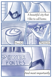 Size: 1000x1500 | Tagged: safe, artist:theunconsistentone, character:fili-second, comic:a hero no more, episode:power ponies, g4, my little pony: friendship is magic, city, coffee, comic, food, latte, maretropolis, statue, watch