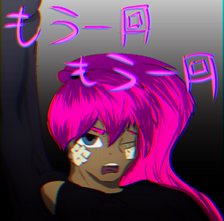 Size: 875x865 | Tagged: safe, artist:al1-ce, derpibooru original, oc, oc only, oc:sinraal, species:pony, bandage, chromatic aberration, clothing, crying, gradient background, hoodie, japanese, looking at you, pink hair, raised hoof, rolling girl, solo, teary eyes, vocaloid