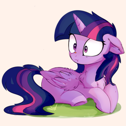Size: 1039x1039 | Tagged: safe, artist:aureai, character:twilight sparkle, character:twilight sparkle (alicorn), species:alicorn, species:pony, episode:starlight the hypnotist, spoiler:interseason shorts, :t, adorable distress, back fluff, chest fluff, coccinellidaephobia, cute, ear fluff, female, floppy ears, fluffy, folded wings, frightened, frown, grass, imminent freakout, insect on nose, ladybug, leg fluff, mare, missing cutie mark, prone, scared, screaming internally, shoulder fluff, simple background, solo, surprised, this will not end well, twiabetes, twilight hates ladybugs, underhoof, when you see it, white background, wide eyes, wing fluff, wings