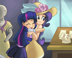 Size: 1500x1200 | Tagged: safe, artist:ric-m, character:rarity, character:twilight sparkle, species:human, episode:sweet and elite, g4, my little pony: friendship is magic, birthday dress, clothing, dress, duo, duo female, female, happy, hat, hug, humanized, mannequin, open mouth, scene interpretation, skirt