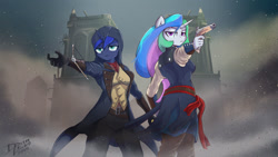 Size: 1024x576 | Tagged: safe, artist:danli69, character:princess celestia, character:princess luna, species:anthro, assassin's creed, assassin's creed unity, crossover, flintlock, ponified, two best sisters play