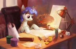 Size: 800x517 | Tagged: safe, artist:cannibalus, species:pony, species:unicorn, desk, female, glowing horn, lamp, magic, mare, palette, pencil, solo, telekinesis