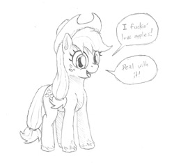 Size: 739x693 | Tagged: safe, artist:friendshipishorses, character:applejack, species:pony, deal with it, female, monochrome, solo, traditional art, vulgar