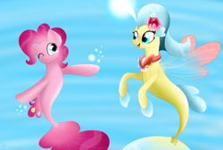 Size: 1280x861 | Tagged: safe, artist:envygirl95, character:pinkie pie, character:princess skystar, species:seapony (g4), ship:skypie, blue eyes, bubble, female, fin wings, fins, flower, flower in hair, jewelry, lesbian, necklace, one eye closed, pearl necklace, seaponified, seapony pinkie pie, seashell necklace, shipping, species swap, underwater, water, wings, wink