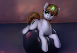 Size: 1303x903 | Tagged: safe, artist:quvr, oc, oc only, oc:littlepip, species:pony, species:unicorn, fallout equestria, cutie mark, exercise ball, fanfic, fanfic art, female, glowing horn, hooves, horn, lying down, magic, mare, paywalled alternate version, prone, solo