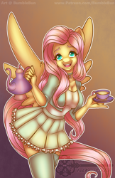 Size: 990x1530 | Tagged: safe, artist:bumblebun, character:fluttershy, species:anthro, species:pegasus, species:pony, breasts, cleavage, clothing, female, food, kettle, looking at you, miniskirt, open mouth, pleated skirt, skirt, smiling, socks, solo, tea, thigh highs, zettai ryouiki