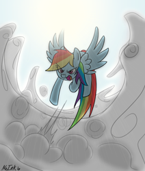 Size: 792x936 | Tagged: safe, artist:no-ink, character:rainbow dash, species:pony, action pose, cloud, female, monochrome, sky, solo, sun
