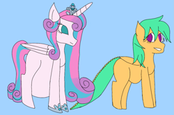 Size: 1177x780 | Tagged: safe, artist:mintymelody, character:princess flurry heart, oc, oc:honey drops, parent:discord, parent:fluttershy, parents:discoshy, adult, belly, duo, duo female, female, hybrid, hyper belly, impossibly large belly, interspecies offspring, multiple pregnancy, offspring, older, older flurry heart, pregnant