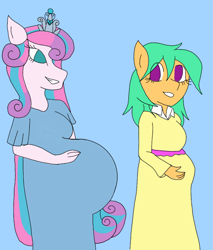 Size: 888x1043 | Tagged: safe, alternate version, artist:mintymelody, character:princess flurry heart, oc, oc:honey drops, parent:discord, parent:fluttershy, parents:discoshy, species:anthro, adult, clothing, dress, duo, duo female, female, hybrid, interspecies offspring, multiple pregnancy, offspring, older, older flurry heart, pregnant
