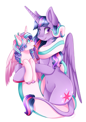 Size: 2119x3009 | Tagged: safe, artist:mailner, character:princess flurry heart, character:twilight sparkle, character:twilight sparkle (alicorn), species:alicorn, species:lamia, species:pony, aunt and niece, belly button, best aunt ever, child, coils, cute, fangs, forced smile, forked tongue, grin, hooves, lamiafied, leonine tail, ophidiophobia, original species, redesign, scared, semi-anthro, slit eyes, smiling, snake eyes, snake pony, species swap, spell gone wrong, tongue out, unshorn fetlocks