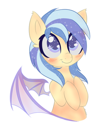 Size: 400x523 | Tagged: safe, artist:sinamuna, oc, oc only, oc:dreaming dawn, species:bat pony, species:pony, bat wings, blue hair, blushing, body blush, bust, commission, fangs, looking up, multicolored hair, purple eyes, purple hair, smiling, solo, sparkles, wings, ych result, yellow fur