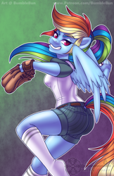 Size: 990x1530 | Tagged: safe, artist:bumblebun, part of a set, character:rainbow dash, species:anthro, species:pegasus, species:plantigrade anthro, species:pony, baseball glove, clothing, female, looking back, mare, shorts, smiling