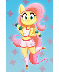 Size: 1447x1768 | Tagged: safe, artist:ikarooz, character:fluttershy, species:anthro, species:pegasus, species:pony, :t, belly button, clothing, cute, cutie mark background, dumbbell (object), exercise, female, headband, looking at you, mare, midriff, shorts, shyabetes, smiling, solo, spread wings, wings, workout outfit, wristband