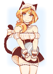 Size: 2480x3507 | Tagged: safe, artist:dragonemperror2810, character:sunset shimmer, species:human, breasts, cat ears, cat tail, catgirl, clothing, female, humanized, maid, smiling, solo