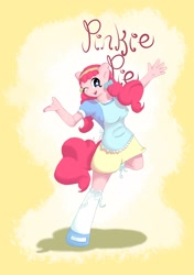 Size: 1626x2313 | Tagged: safe, artist:tesslashy, character:pinkie pie, species:anthro, species:earth pony, species:pony, species:unguligrade anthro, alternate hairstyle, apron, blouse, bow, clothing, female, frilly skirt, frilly socks, hoof shoes, hoofbeat, mary janes, one eye closed, shirt, shoes, skirt, socks, solo, wink