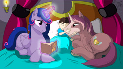 Size: 9307x5235 | Tagged: safe, artist:cactuscowboydan, commissioner:bigonionbean, oc, oc:king speedy hooves, oc:queen galaxia, oc:tommy the human, species:alicorn, species:human, species:pony, alicorn oc, bedroom, bedsheets, bedtime story, blanket, book, candle, curtains, cutie mark, family, father and son, female, fusion, fusion:king speedy hooves, fusion:queen galaxia, herd, hug, human oc, husband and wife, love, magic, male, mother and father, mother and son, muzzle, pillow, pony sized pony, royal family, tired, unshorn fetlocks