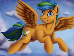 Size: 4000x3000 | Tagged: safe, artist:vittorionobile, oc, oc only, oc:thunderwing, species:pegasus, species:pony, cloud, commission, digital art, flying, grin, male, sky, smiling, solo, stallion