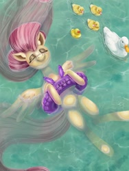 Size: 1668x2224 | Tagged: safe, artist:catscratchpaper, character:fluttershy, species:duck, species:pegasus, species:pony, cute, duckling, eyes closed, female, floating, floaty, inflatable, mare, on back, pool toy, relaxing, shyabetes, smiling, spread wings, swimming, water, wings