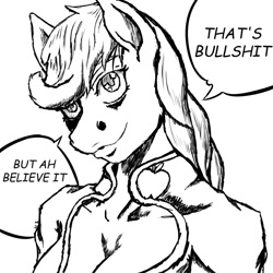 Size: 1024x1024 | Tagged: safe, artist:korencz11, character:applejack, species:anthro, black and white, breasts, cleavage, giorno giovanna, grayscale, jojo's bizarre adventure, lineart, monochrome, reaction image, simple background, sketch, vento aureo, white background