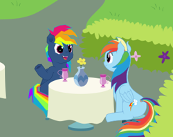 Size: 349x276 | Tagged: safe, artist:onil innarin, character:evil pie hater dash, character:rainbow dash, species:demon pony, species:pegasus, species:pony, episode:secrets and pies, g4, my little pony: friendship is magic, adorapiehater, bush, cute, cute little fangs, dashabetes, duality, fangs, female, flower, happy, lesbian, mare, ponidox, rainbowhater, raised hoof, requested art, self ponidox, selfcest, shipping, smiling, table, talking, vase, wip