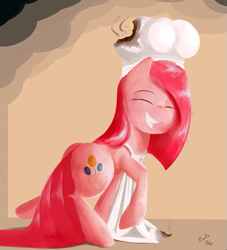Size: 979x1080 | Tagged: safe, artist:jailbait, character:pinkamena diane pie, character:pinkie pie, apron, burned, chef's hat, clothing, cooking, cute, cuteamena, female, grin, happy, hat, smiling, smoke, solo