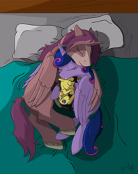 Size: 4834x6101 | Tagged: safe, artist:cactuscowboydan, commissioner:bigonionbean, oc, oc:king speedy hooves, oc:queen galaxia, oc:tommy the human, species:alicorn, species:human, species:pony, alicorn oc, blanket, child, colt, cutie mark, family, father and son, female, floppy ears, foal, fusion, fusion:king speedy hooves, fusion:queen galaxia, herd, human oc, husband and wife, male, mare, matress, mother and son, pillow, ponified, royal family, sleeping, stallion, straight