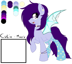 Size: 2712x2408 | Tagged: safe, artist:space--paws0w0, oc, oc only, oc:partita keys, species:bat pony, species:pony, bat pony oc, blank flank, bracelet, choker, clothing, ear piercing, earring, fangs, female, jewelry, mare, open mouth, piercing, raised hoof, reference sheet, simple background, socks, solo, spiked choker, stars, stockings, thigh highs, transparent background, wing piercing