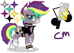 Size: 1843x1311 | Tagged: safe, artist:space--paws0w0, oc, oc only, oc:punk note, species:pony, species:unicorn, belt, blaze (coat marking), choker, clothing, ear piercing, earring, female, horn ring, jacket, jewelry, leather jacket, mare, multicolored hair, nose piercing, nose ring, piercing, raised hoof, simple background, socks (coat marking), solo, spiked wristband, transparent background, wristband