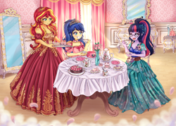 Size: 720x515 | Tagged: safe, artist:lucy-tan, edit, character:flash sentry, character:sunset shimmer, character:twilight sparkle, character:twilight sparkle (scitwi), oc, oc:felicity sentry, species:eqg human, my little pony:equestria girls, clothing, commission, cropped, crossdressing, dress, female, femboy, girly, glasses, male, open mouth, pillow, sad, sissy, smiling