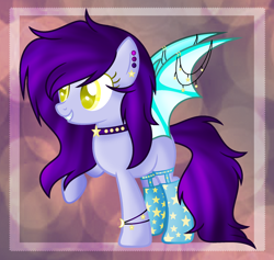 Size: 1900x1800 | Tagged: safe, artist:bloodlover2222, artist:space--paws0w0, oc, oc only, oc:fake smiler, oc:partita keys, species:bat pony, species:pony, abstract background, bat pony oc, bracelet, choker, clothing, colored pupils, ear piercing, earring, female, garters, grin, jewelry, mare, piercing, raised hoof, smiling, socks, solo, spiked choker, squee, stars, stockings, thigh highs, wing jewelry, wing piercing