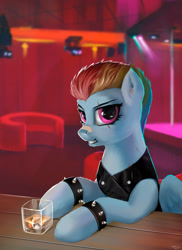 Size: 1400x1920 | Tagged: safe, artist:hardbrony, character:rainbow dash, species:pegasus, species:pony, fanfic:broken toy, alcohol, clothing, ear piercing, earring, female, jewelry, looking at you, nose bandaid, piercing, punk, rainbow punk, scar, solo