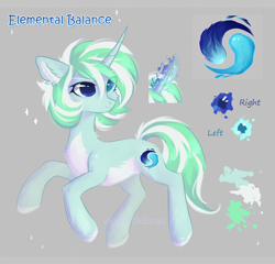 Size: 2000x1920 | Tagged: safe, artist:magicbalance, oc, oc only, oc:elemental balance, species:pony, species:unicorn, curved horn, cute, cutie mark, digital art, ear fluff, female, glowing horn, gray background, heterochromia, hooves, horn, lightly watermarked, magic, mare, reference sheet, simple background, smiling, solo, watermark