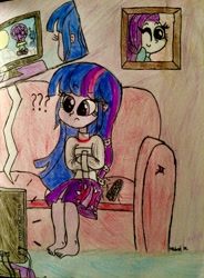 Size: 2403x3264 | Tagged: safe, artist:michaelmaddox222, character:rarity, character:twilight sparkle, species:human, my little pony:equestria girls, barefoot, blimp, bondage, cable, canterlot, carpet, castle, clothing, cloud, colored, couch, cushion, feet, female, implied lesbian, implied rarilight, implied shipping, intro, meta, my little pony, one eye closed, opening, pencil drawing, picture frame, pov, question mark, remote, signature, skirt, solo, straitjacket, sun, television, traditional art, wink