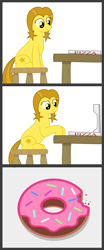 Size: 2500x6000 | Tagged: safe, artist:devfield, artist:pizzamovies, oc, oc:golden star, species:pony, chair, collaboration, comic, confused, cutie mark, donut, female, food, frown, golden star loves donuts, pizza box, shading, simple background, solo, stool, table, two toned mane, two toned tail, unexpected, white background