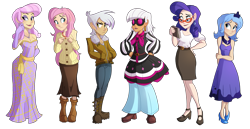 Size: 2425x1252 | Tagged: safe, artist:ric-m, character:fleur-de-lis, character:fluttershy, character:gilda, character:photo finish, character:princess luna, character:rarity, species:human, bare shoulders, clothing, dress, evening gloves, female, glasses, gloves, hands in pockets, humanized, long gloves, simple background, strapless, transparent background